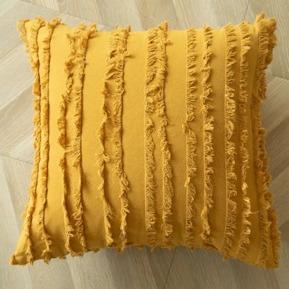 Boho mustard geometric tufted cushion cover living room pom pom accent