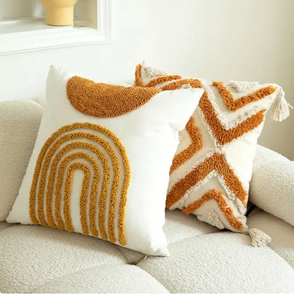 Boho mustard geometric tufted cushion cover living room pom pom accent
