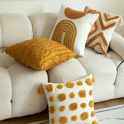 Boho mustard geometric tufted cushion cover living room pom pom accent