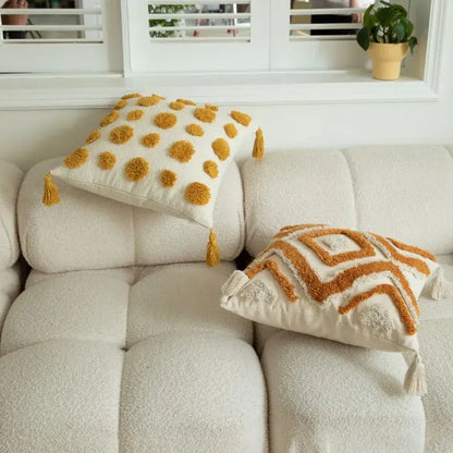 Boho mustard geometric tufted cushion cover living room pom pom accent