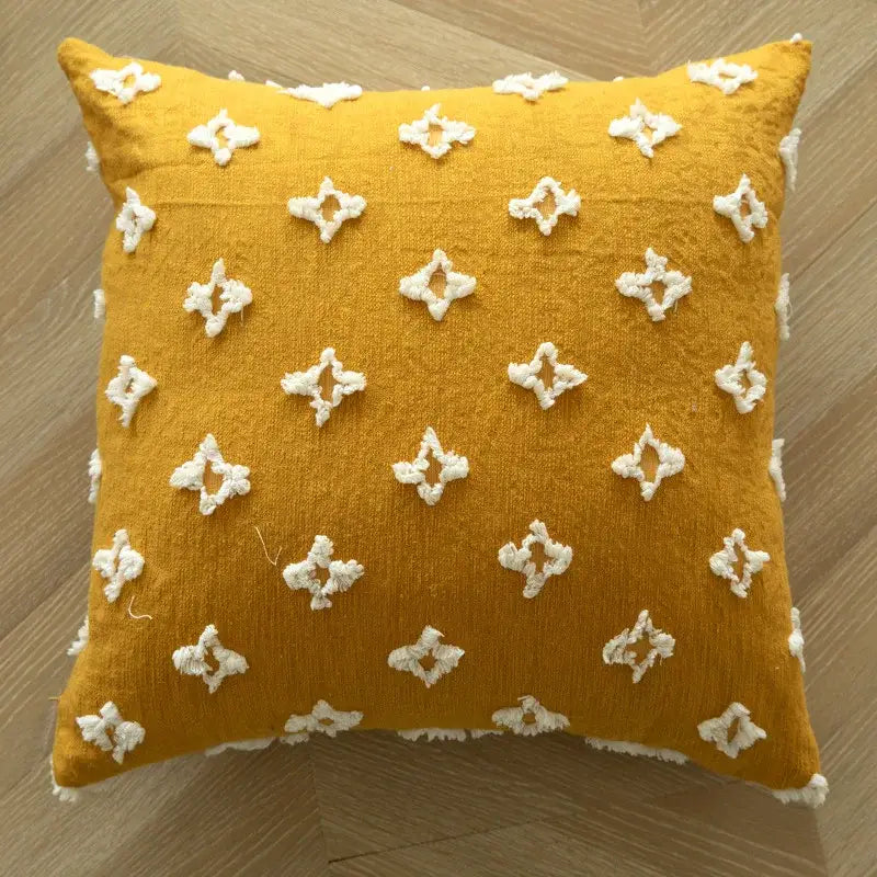 Boho mustard geometric tufted cushion cover living room pom pom accent