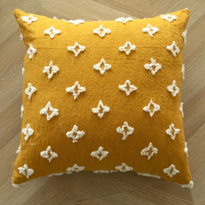 Boho mustard geometric tufted cushion cover living room pom pom accent