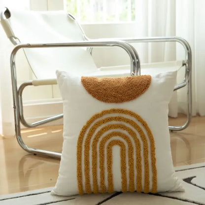 Boho mustard geometric tufted cushion cover living room pom pom accent