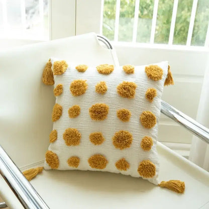Boho mustard geometric tufted cushion cover living room pom pom accent