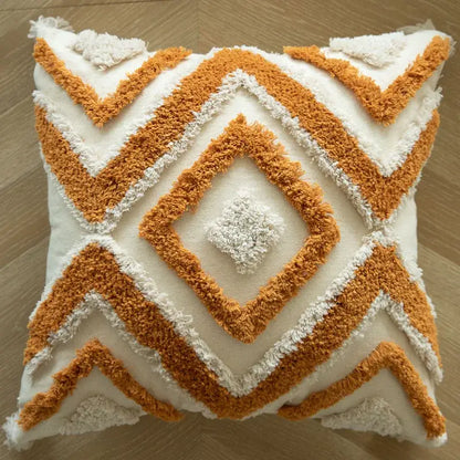 Boho mustard geometric tufted cushion cover living room pom pom accent