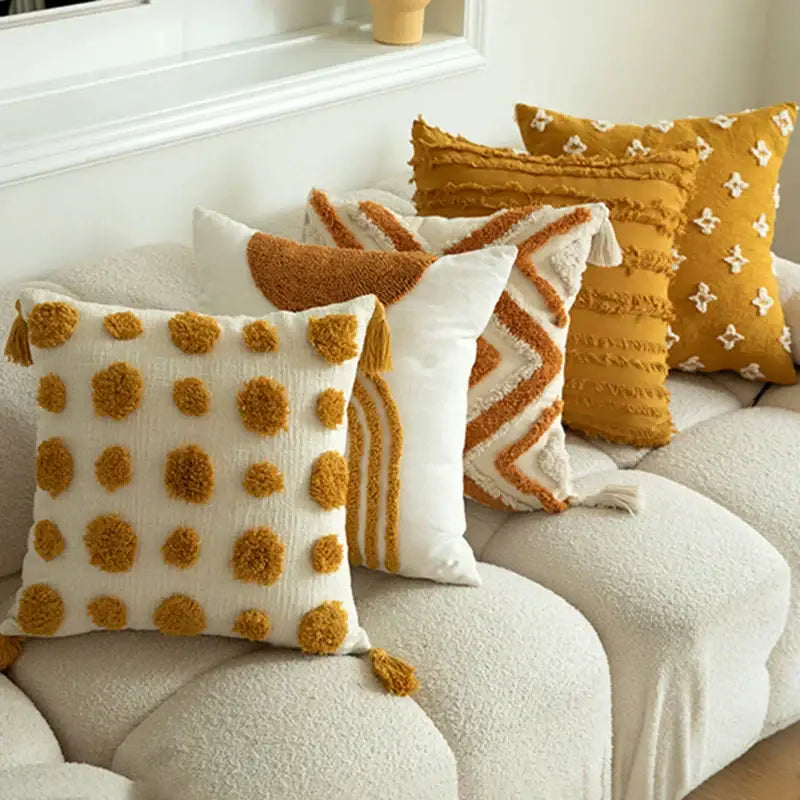 Boho mustard geometric tufted cushion cover living room pom pom accent