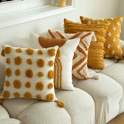 Boho mustard geometric tufted cushion cover living room pom pom accent