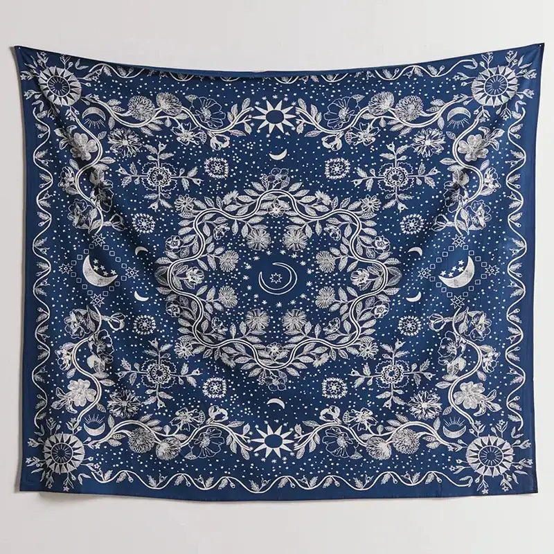 Boho navy blue celestial floral moon phase tapestry bedroom wall art