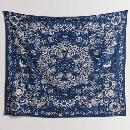 Boho navy blue celestial floral moon phase tapestry bedroom wall art