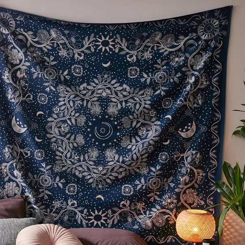 Boho navy blue celestial floral moon phase tapestry bedroom wall art