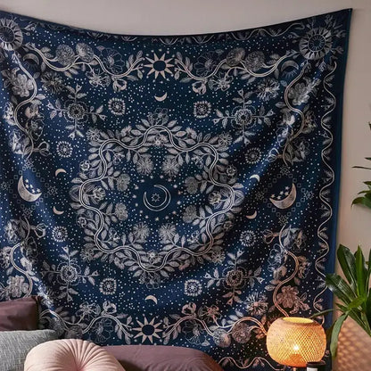 Boho navy blue celestial floral moon phase tapestry bedroom wall art