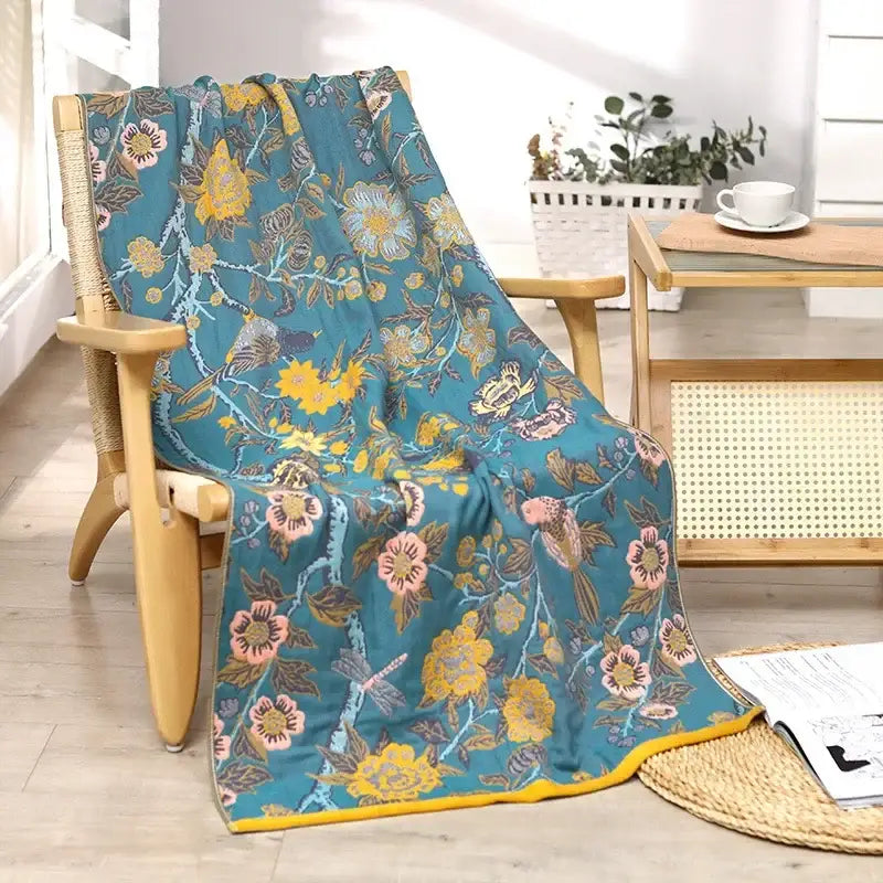 Boho navy & yellow cotton bath towel bathroom floral decor