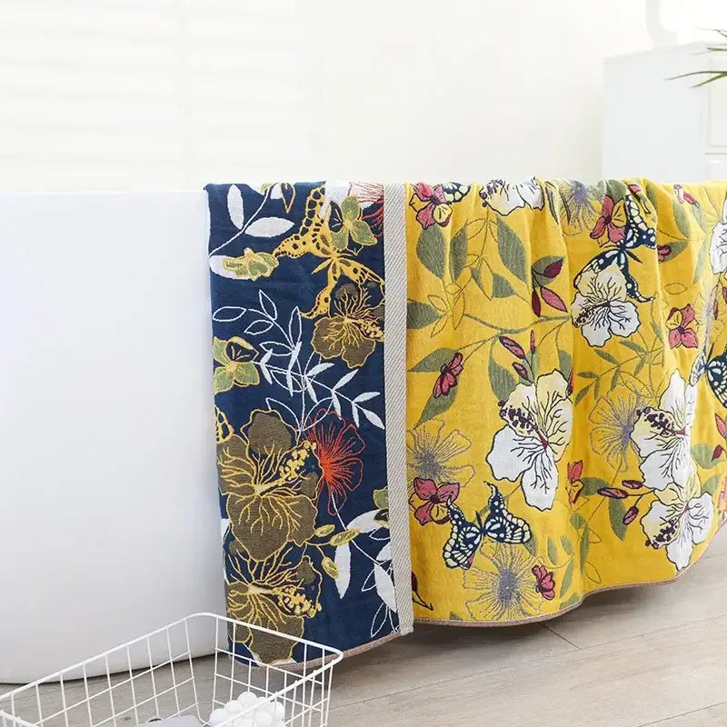 Boho navy & yellow cotton bath towel bathroom floral decor