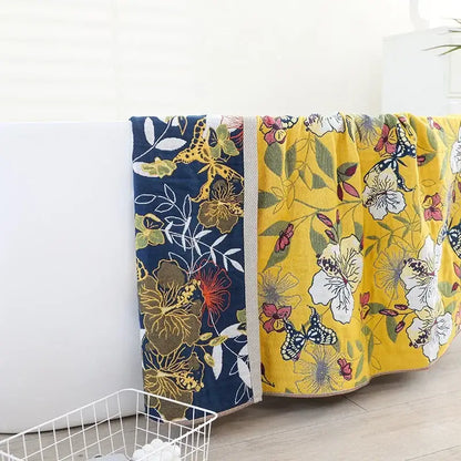 Boho navy & yellow cotton bath towel bathroom floral decor