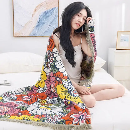 Boho navy & yellow cotton bath towel bathroom floral decor