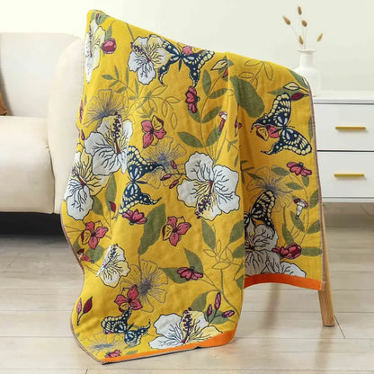 Boho navy & yellow cotton bath towel bathroom floral decor