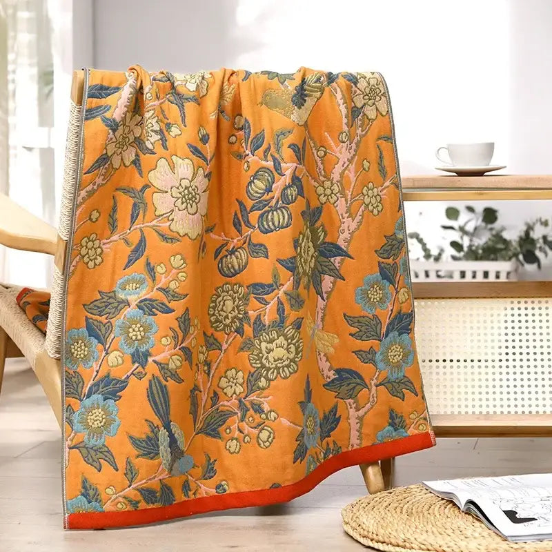 Boho navy & yellow cotton bath towel bathroom floral decor