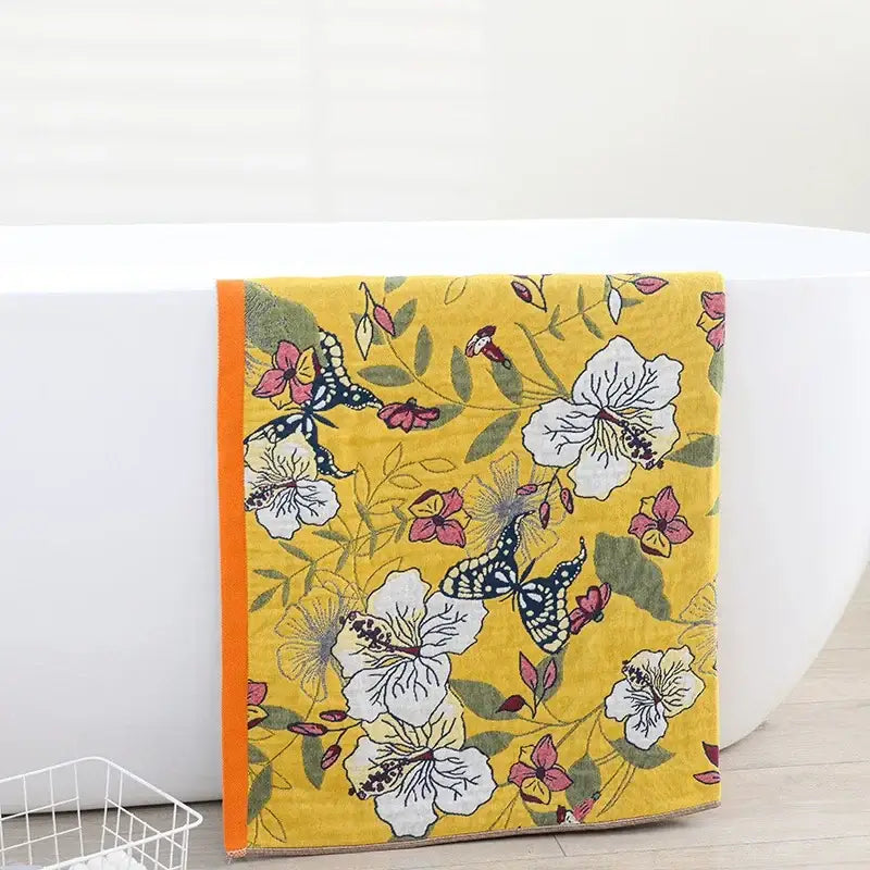 Boho navy & yellow cotton bath towel bathroom floral decor