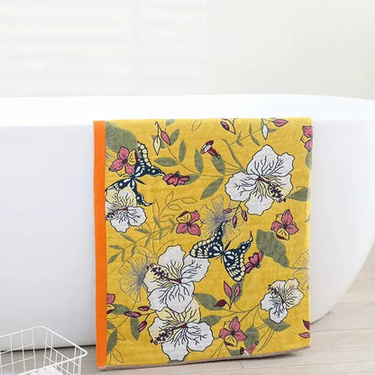Boho navy & yellow cotton bath towel bathroom floral decor