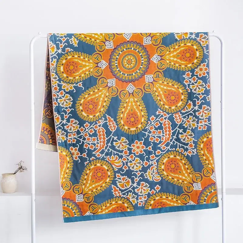 Boho navy & yellow cotton bath towel bathroom floral decor