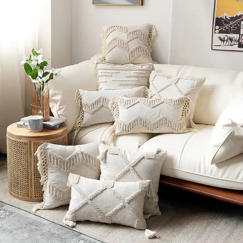 Boho nordic tassel beige cotton pillow case bedroom cushion cover