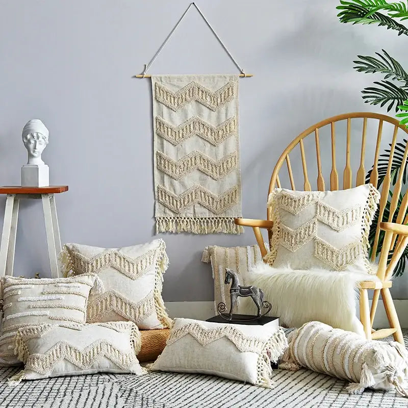 Boho nordic tassel beige cotton pillow case bedroom cushion cover