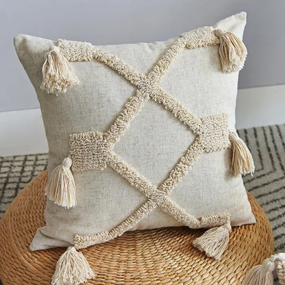 Boho nordic tassel beige cotton pillow case bedroom cushion cover
