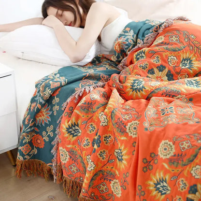 Boho orange & teal floral gauze towel blanket bedroom muslin throw