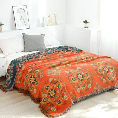 Boho orange & teal floral gauze towel blanket bedroom muslin throw