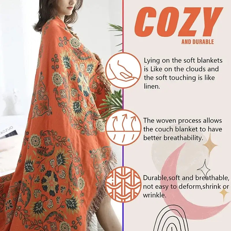 Boho orange & teal floral gauze towel blanket bedroom muslin throw