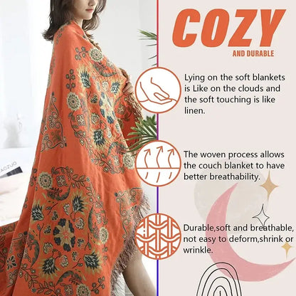 Boho orange & teal floral gauze towel blanket bedroom muslin throw