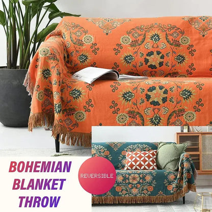 Boho orange & teal floral gauze towel blanket bedroom muslin throw