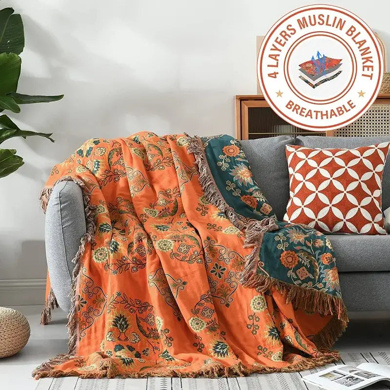 Boho orange & teal floral gauze towel blanket bedroom muslin throw