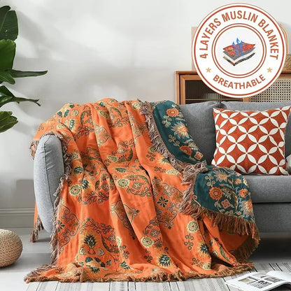 Boho orange & teal floral gauze towel blanket bedroom muslin throw