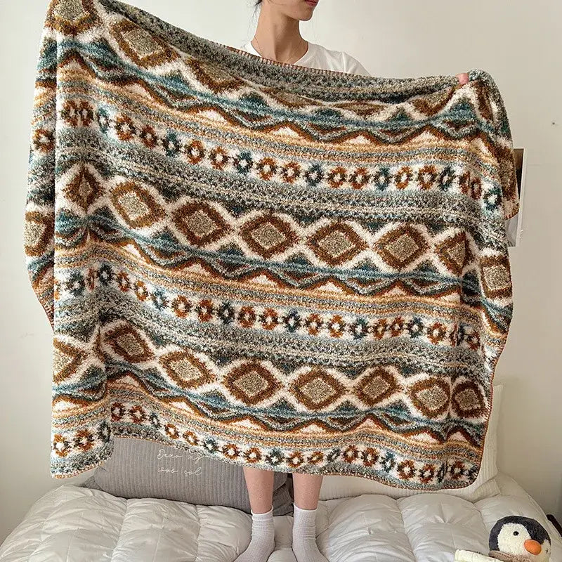Boho printed blanket earthy geometric chunky knit bedroom shawl