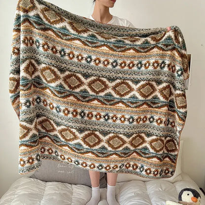 Boho printed blanket earthy geometric chunky knit bedroom shawl