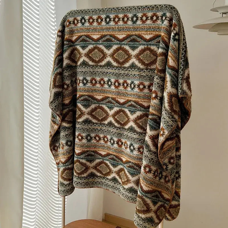 Boho printed blanket earthy geometric chunky knit bedroom shawl