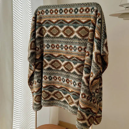 Boho printed blanket earthy geometric chunky knit bedroom shawl