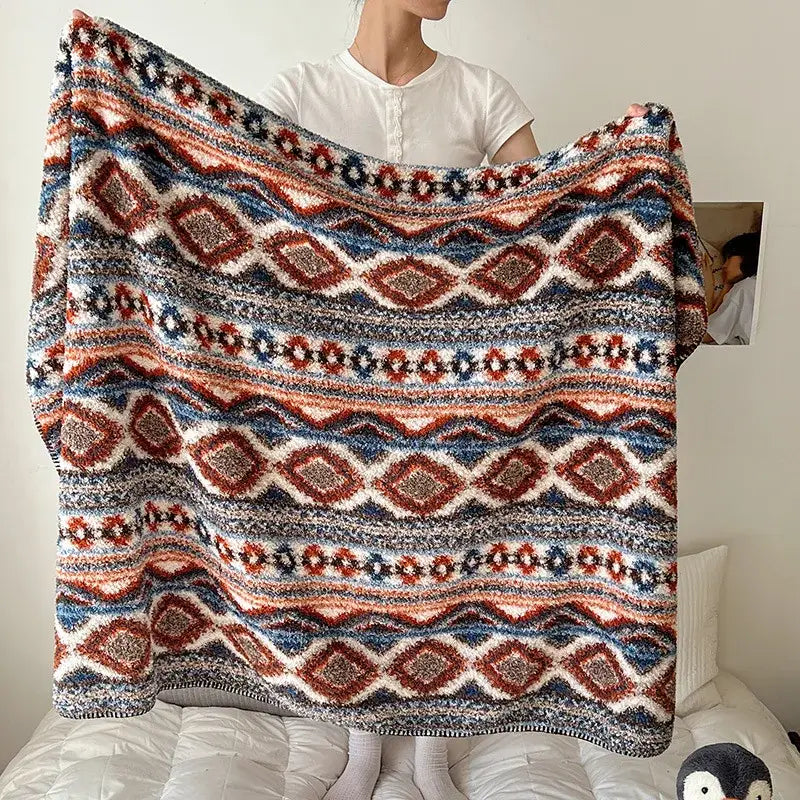 Boho printed blanket earthy geometric chunky knit bedroom shawl