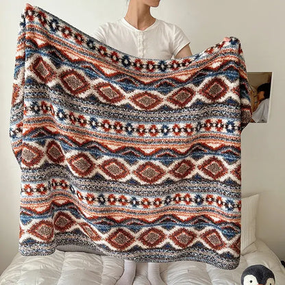 Boho printed blanket earthy geometric chunky knit bedroom shawl