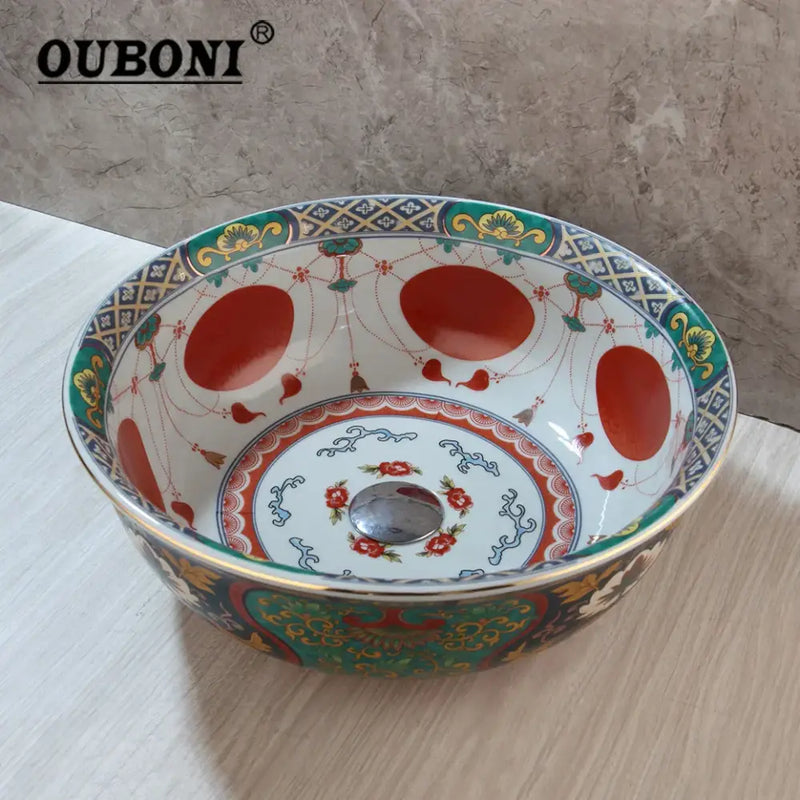 Boho retro ceramic bathroom sink with red & green floral pattern