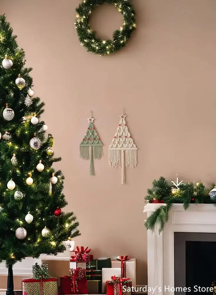 Boho sage green & cream macrame christmas tree wall hanging living room