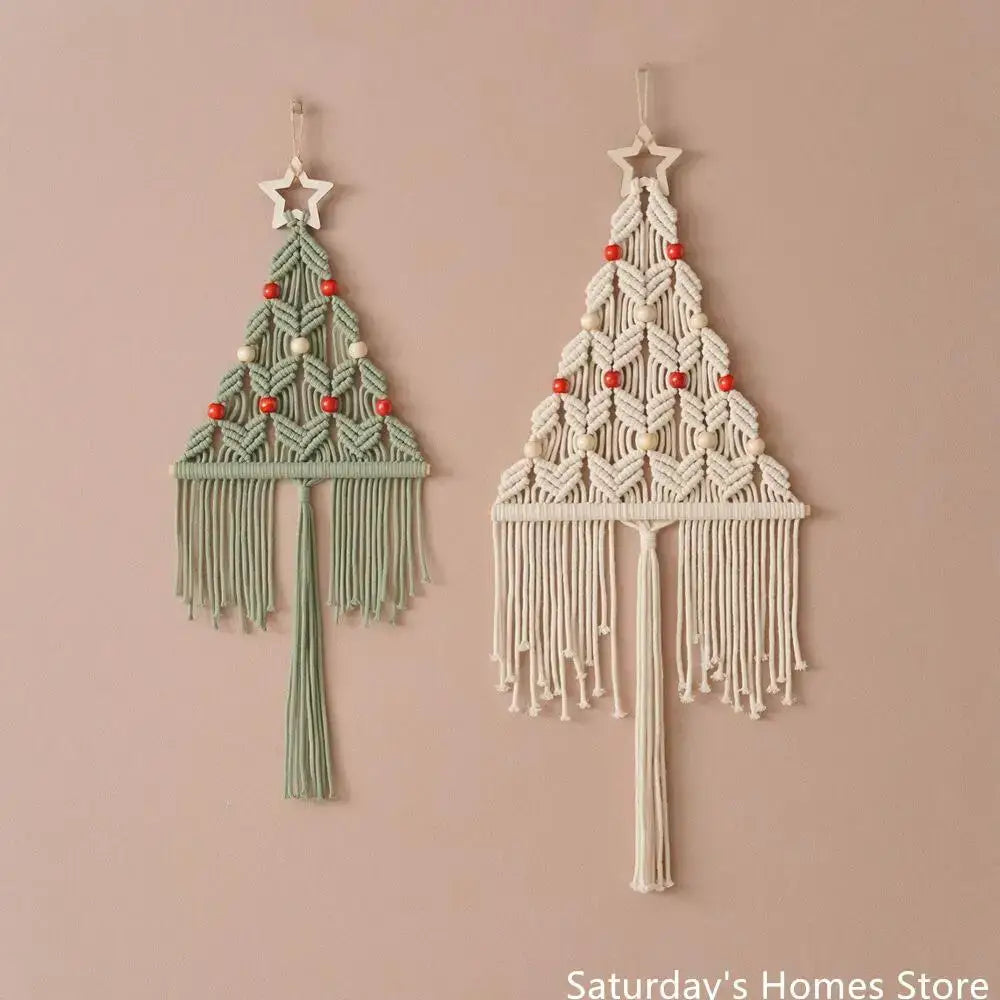 Boho sage green & cream macrame christmas tree wall hanging living room