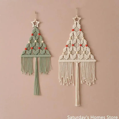 Boho sage green & cream macrame christmas tree wall hanging living room
