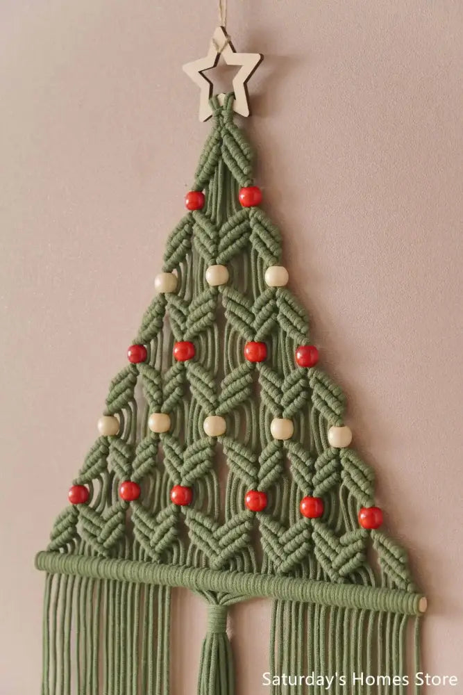 Boho sage green & cream macrame christmas tree wall hanging living room