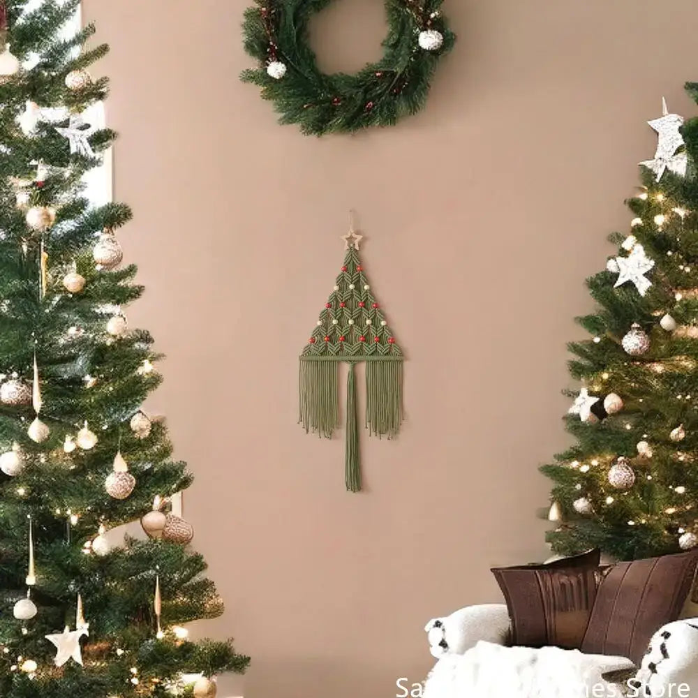 Boho sage green & cream macrame christmas tree wall hanging living room