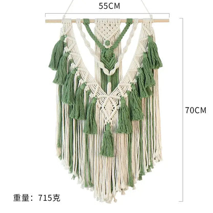 Boho sage green & white macrame tassel stick wall hanging bedroom art