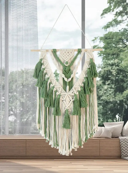 Boho sage green & white macrame tassel stick wall hanging bedroom art