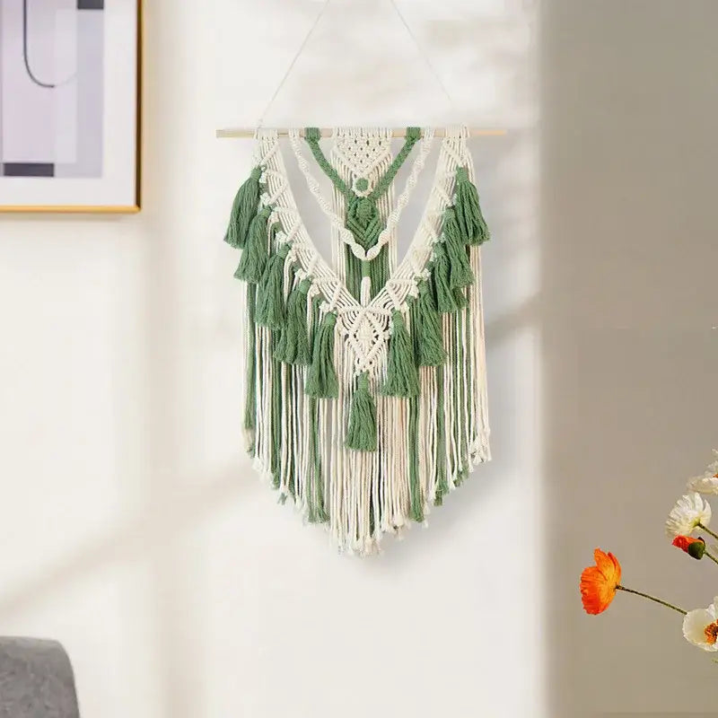 Boho sage green & white macrame tassel stick wall hanging bedroom art