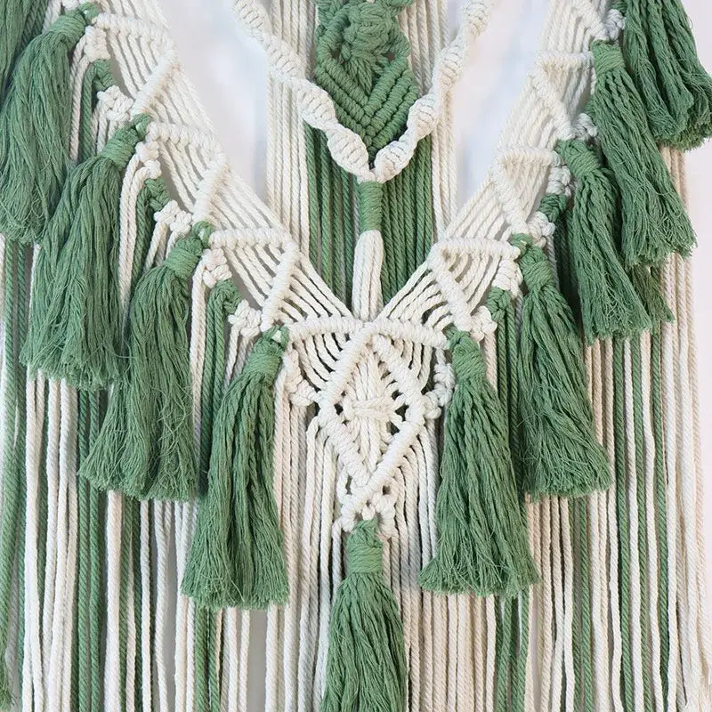 Boho sage green & white macrame tassel stick wall hanging bedroom art